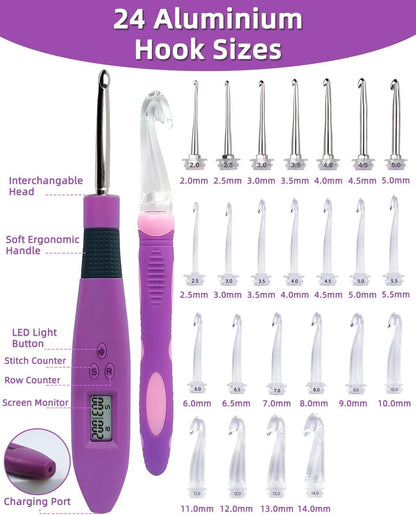24pcs Lighted Crochet Hook Set with Counter