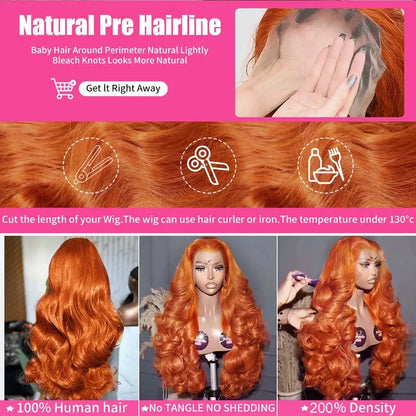 30 34 Inch Body Wave Human Hair Wigs 13x4 HD Lace Frontal Human Hair Wigs Ginger Orange Wet And Wavy Lace Front Wigs For Women