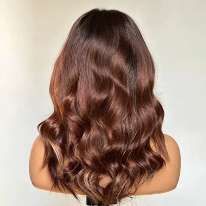 Ombre Chestnut Brown Highlights Curtain Bangs with Layered Cut Wavy Lace Closure Wigs 5x5 Lace Closure Human Hair Wigs For Women