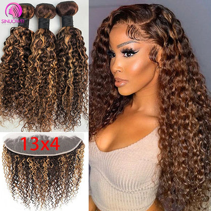 Highlight Water Wave Bundles With Closure Remy Human Hair Extension Human Hair Bundles With 13x4 4x4 Lace Closure For Women