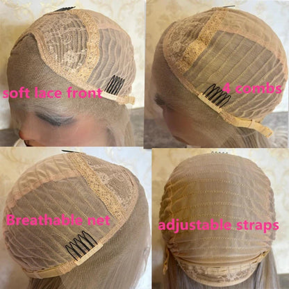 Preplucked Hairline Gentire Wig Premium Quality Ombre Ash Blonde Brunette Synthetic Lace Front Wig Blonde Natural Hair Wig 16''