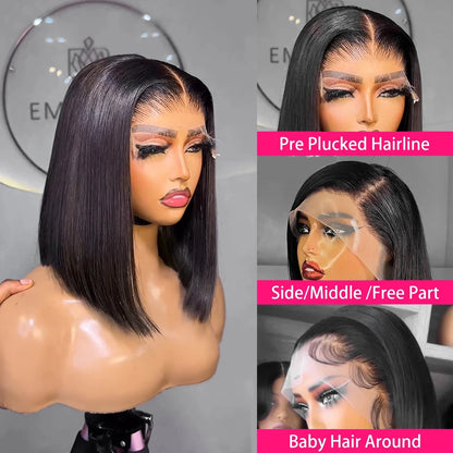 BOB Lace Front Wig Human Hair Straight 200% Full Density 13x4 HD Transparent Lace Frontal Wigs Bob Hair Lace Front Wig For Women