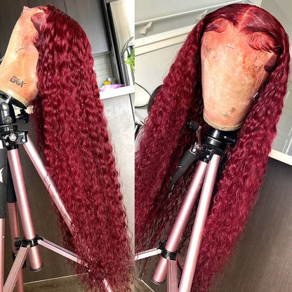 99J Burgundy 13X6 Hd Lace Frontal Human Hair Wigs Red Colored Water Deep Wave Curly Transparent Lace Front Wig For Women 30 Inch