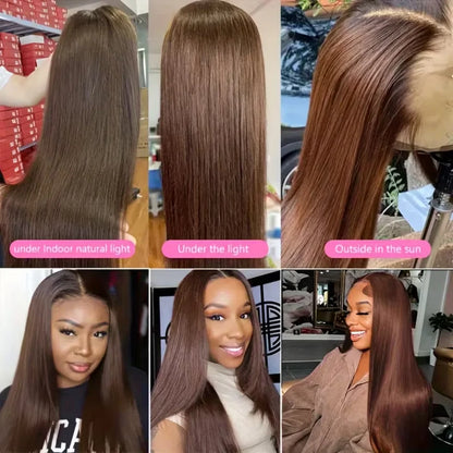 Straight Chocolate Brown Human Hair Wigs Brazilian Original Wigs Pre Plucked Pre Bleached 13X6 Hd Lace Frontal Wigs 250 Density