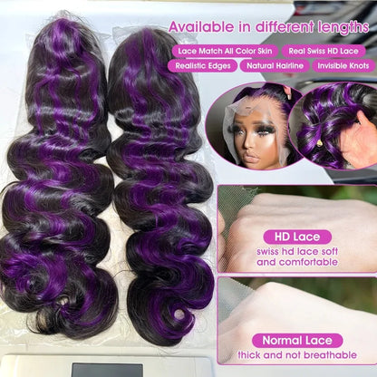 Smilegirl Ombre Purple Highlight Body Wave 13x6 HD Lace Front Wig Human Hair Waves Dark Purple 13x4 Lace Frontal Wigs For Women
