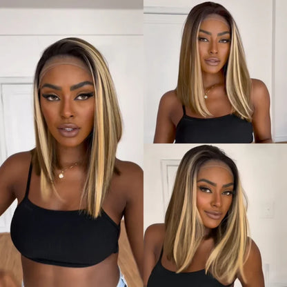 Brown Mix Blonde Highlight With Dark roots Lace Frontal Wig 13X4 Transparent Lace Front P4/27 Brown Ombre Colored Wigs For Women