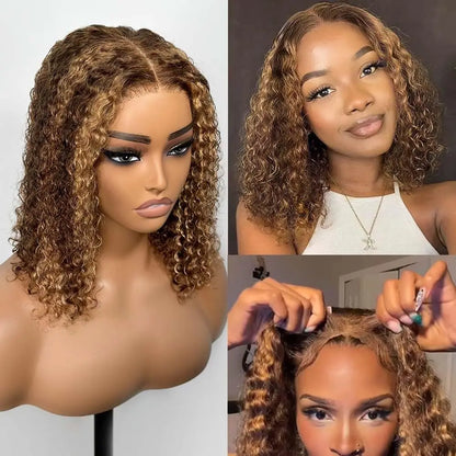 P4/27 Highlight Curly Short Bob Wigs Human Hair 5x5 Closure Wigs Brazilian Deep Wave Lace Frontal Wigs Ombre Brown Glueless Wigs