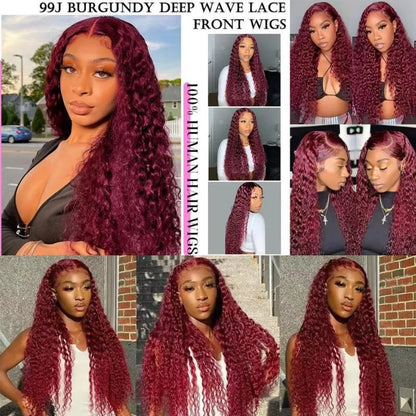 99J Burgundy Wig Human Hair 13X6 Water Wave Lace Front Wigs 250 Density Hd Transparent Red Deep Wave Lace Frontal Wig For Women