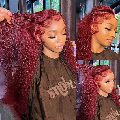 250% Density 99J 13x4 HD Lace Front Human Hair Wigs Burgundy 34Inch Deep Wave Peruvian Curly Glueless Lace Frontal Closure Wigs