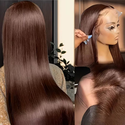 Straight Chocolate Brown Human Hair Wigs Brazilian Original Wigs Pre Plucked Pre Bleached 13X6 Hd Lace Frontal Wigs 250 Density