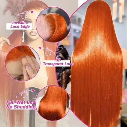 350 Ginger Orange Straight Human Hair Wigs 13X4 Hd Lace Frontal Wigs 250% Density Pre-plucked Brazilian Human Hair