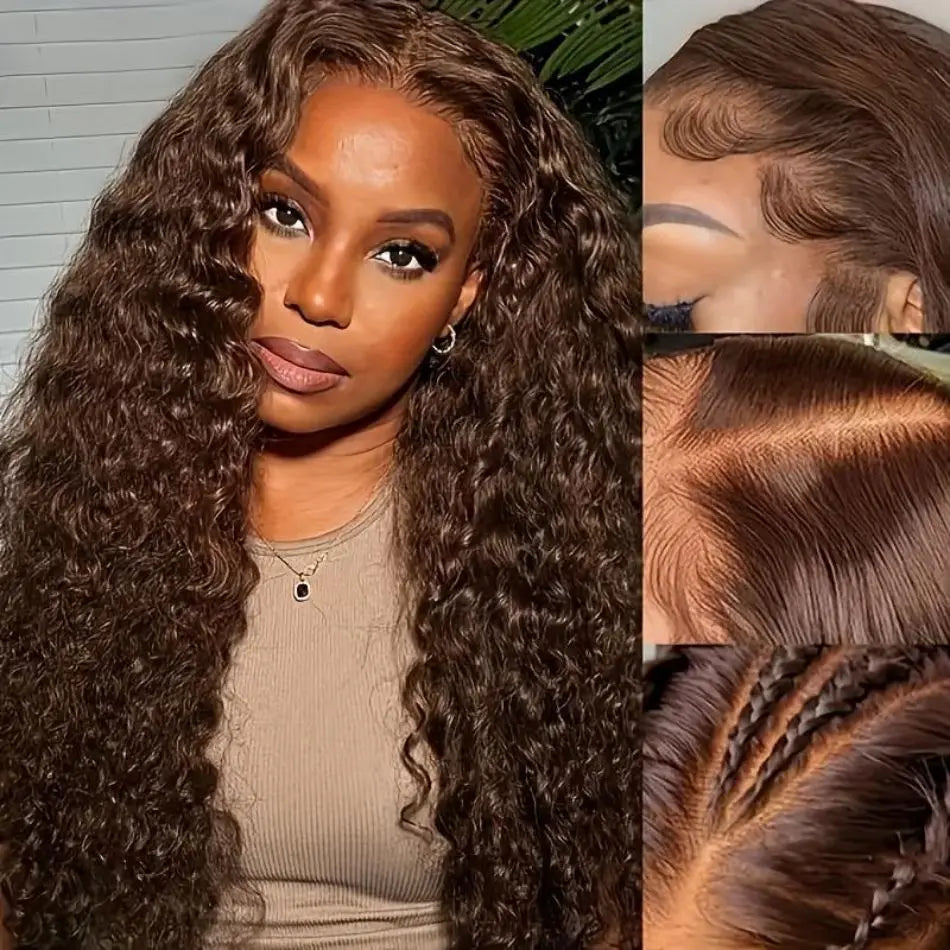 13X6 Hd Lace Frontal Wig Chocolate Brown Deep Wave Human Hair Wigs Brazilian Curly Lace Front Wigs 250 Density For Black Women