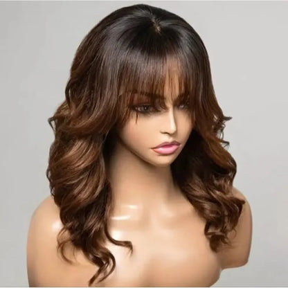 Ombre Chestnut Brown Highlights Curtain Bangs with Layered Cut Wavy Lace Closure Wigs 5x5 Lace Closure Human Hair Wigs For Women