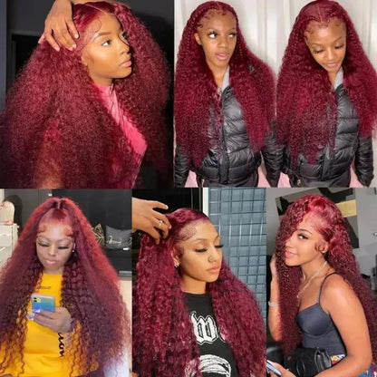 99J Burgundy 13X6 Hd Lace Frontal Human Hair Wigs Red Colored Water Deep Wave Curly Transparent Lace Front Wig For Women 30 Inch