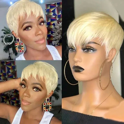 Short Bob Wig Human Hair 613 Blonde Color Mullet Wig with Bangs Layered Wavy Pixie Cut Wig Machine Made Wigs for Black Women