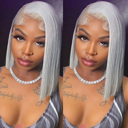 Grey Bob Human Hair Wigs Lace Front Silver Grey 13X4 Lace Frontal Bob Wig Pix Cut Straight Colored Human Hair Wigs 200% Density
