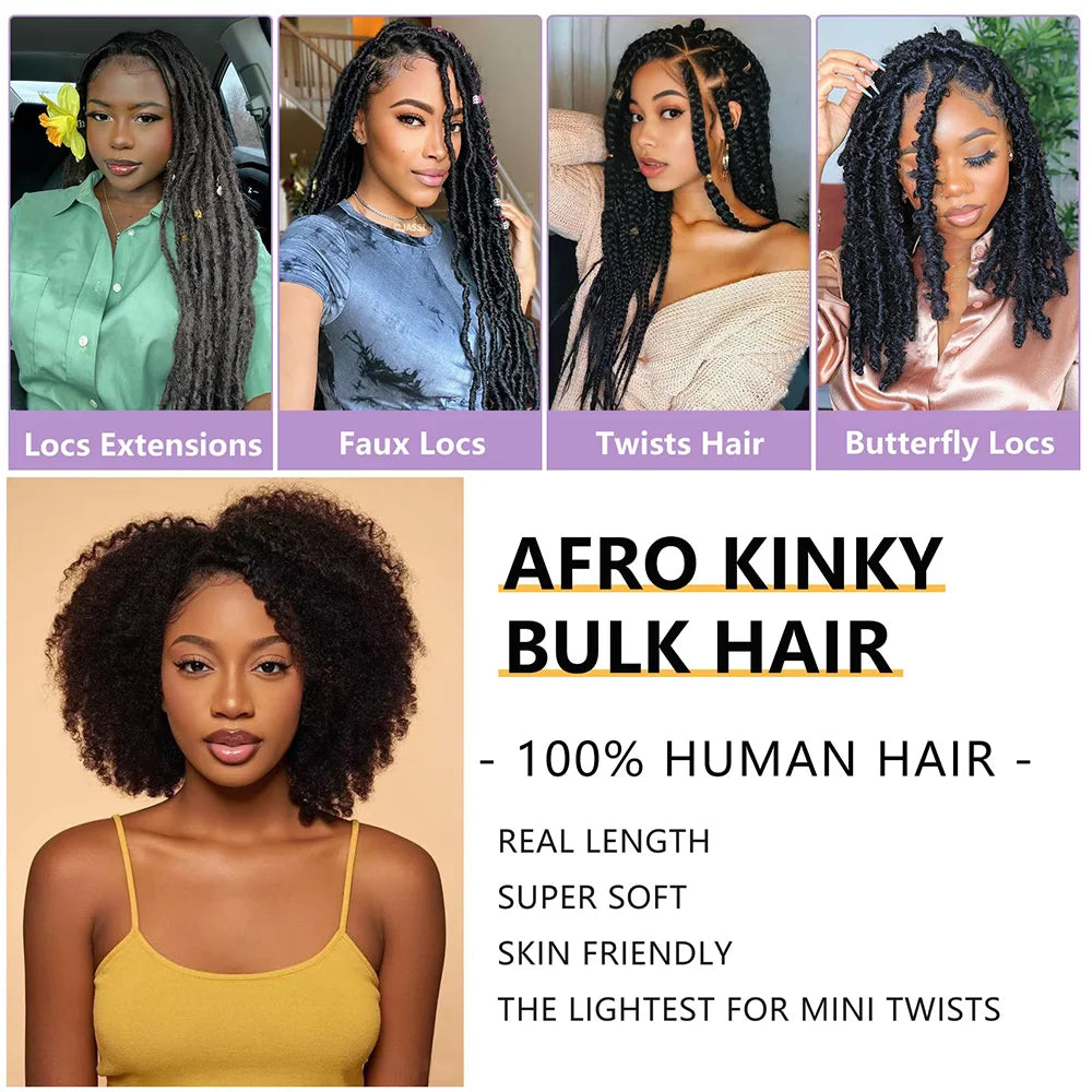 Afro Kinky-Curly Human Hair Bundles for Dreadlock Extensions Locs Repair 100% Human Hair 4C Curly for Mini Twist 50G