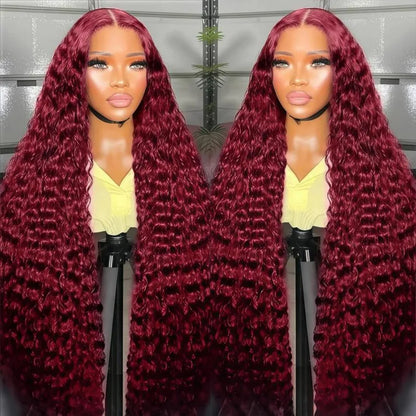 99J Burgundy 13X6 Hd Lace Frontal Human Hair Wigs Red Colored Water Deep Wave Curly Transparent Lace Front Wig For Women 30 Inch