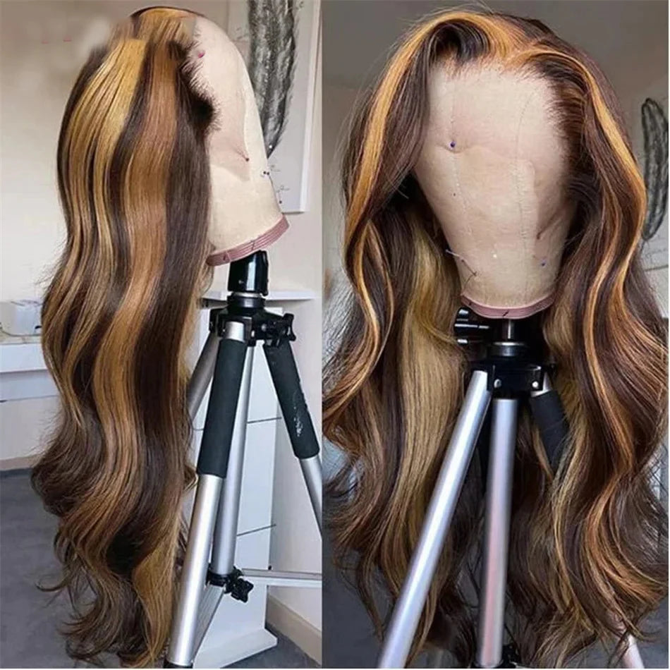 4/27 Highlight Body Wave 13x6 HD Lace Front Wig 100% real Brazilian Human Hair Wig Glueless 13x4 Lace Wig 180% Density For women
