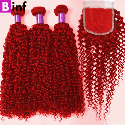 Red Bundles With Closure Brazilian #99J Burgundy Curly Hair Bundles