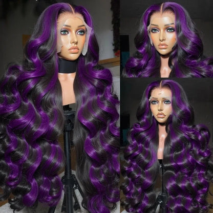 Smilegirl Ombre Purple Highlight Body Wave 13x6 HD Lace Front Wig Human Hair Waves Dark Purple 13x4 Lace Frontal Wigs For Women