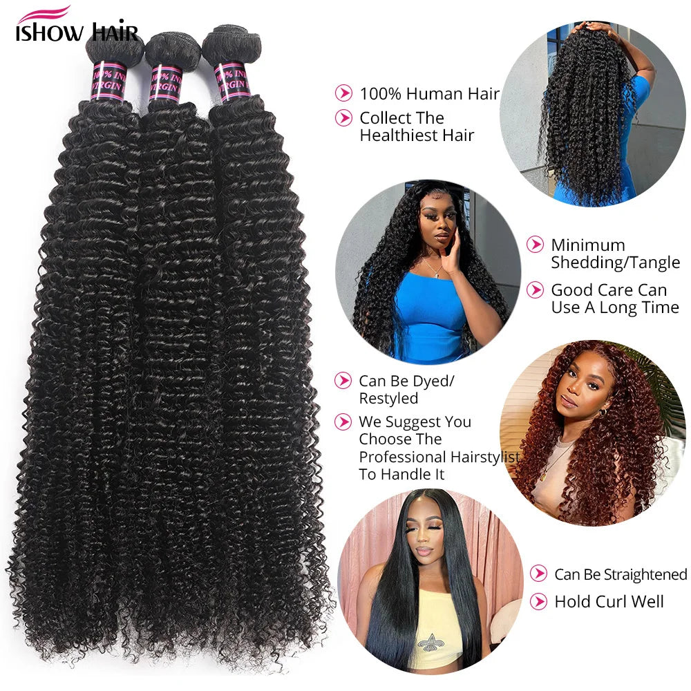 Ishow Curly Human Hair Bundles Brazilian Raw Curly Bundles Humar Hair For Women Remy Original Hair 1/3/4 Bundles Natural Color