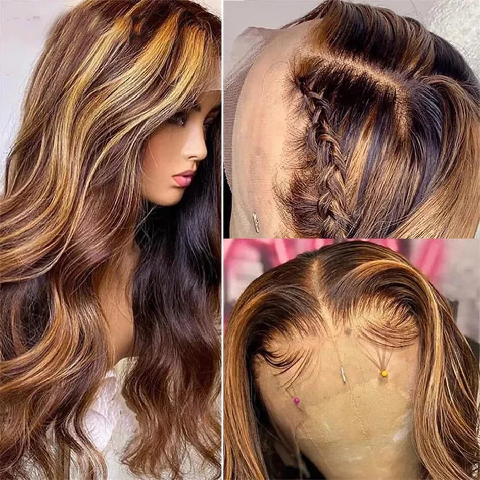 4/27 Highlight Body Wave 13x6 HD Lace Front Wig 100% real Brazilian Human Hair Wig Glueless 13x4 Lace Wig 180% Density For women