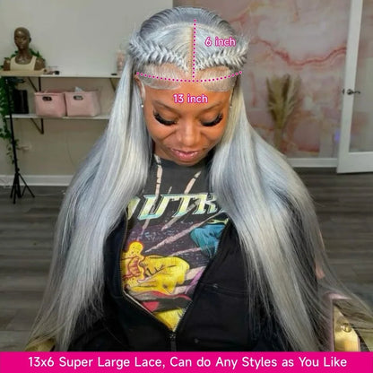 16 - 40 inch 13x6 Hd Transparent Lace Front Human Hair Wig Brazilian Silver Grey Color Lace Frontal Wig Pre Plucked 220% Density