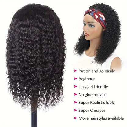 200% Density Human Hair Wig Short Headband Bob Wig Natural Black Short Curly Bob Cut Glueless Kinky Curly Headband Wig
