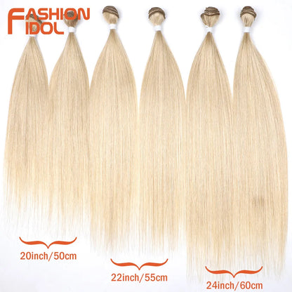 FASHION IDOL 20 22 24 inches 300g/6pcs Yaki Straight Hair Weaving Synthetic Fake Hair Bundles Ombre Blonde Salon Hair Extensions