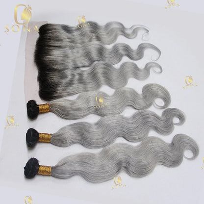 Color Ash Blonde Body Wave Hair Weave Bundle Ombre 1b/Grey 13x4 Frontal Human Hair 4x4 Closure 1 3 4 Bundle Deals For Women