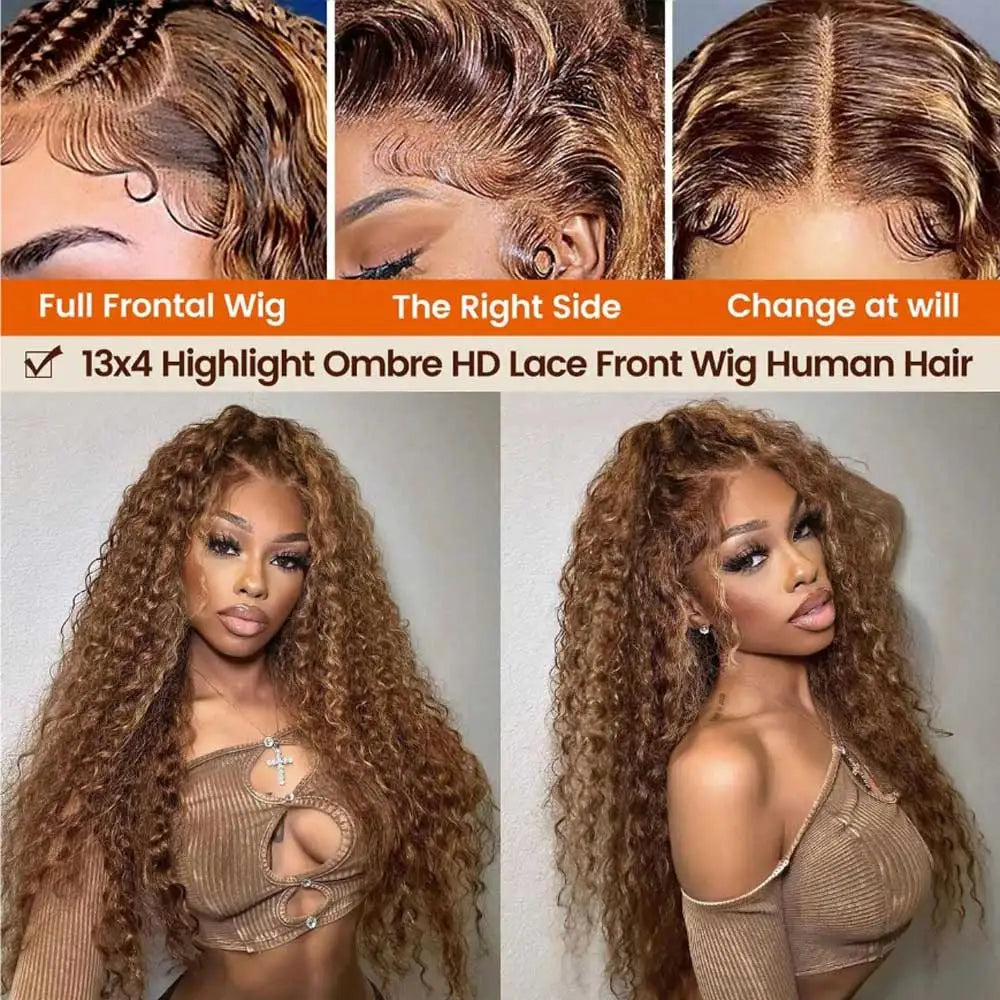Highlight Curly Wig 13x4 Lace Front Wig Human Hair Wigs Glueless HD Deep Wave Lace Frontal Wig 4/27 Colored Wigs PrePlucked