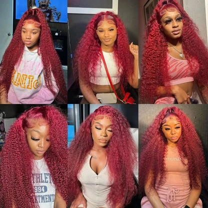 250% Density 99J 13x4 HD Lace Front Human Hair Wigs Burgundy 34Inch Deep Wave Peruvian Curly Glueless Lace Frontal Closure Wigs