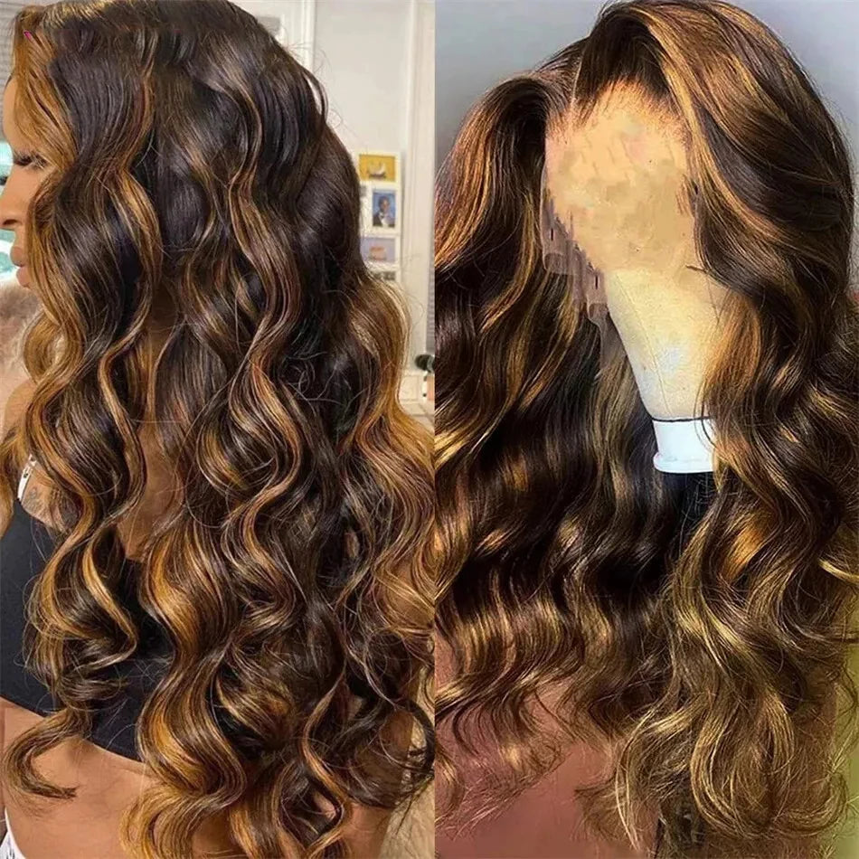 4/27 Highlight Body Wave 13x6 HD Lace Front Wig 100% real Brazilian Human Hair Wig Glueless 13x4 Lace Wig 180% Density For women