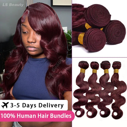 99j Body Wave Burgundy Bundles 100% Human Hair Bundles 1/3/4 Bundles Wine Red Colored Brazilian Hair Weave Bundles