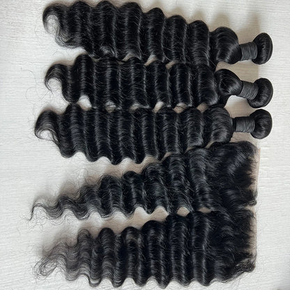 15A Loose Deep Wave Bundle With HD Closure Front13X4 4x4 100% Virgin Peruvian Hair Weave Bundles 3/4 Bundle Deal 8-40" Wholeasle