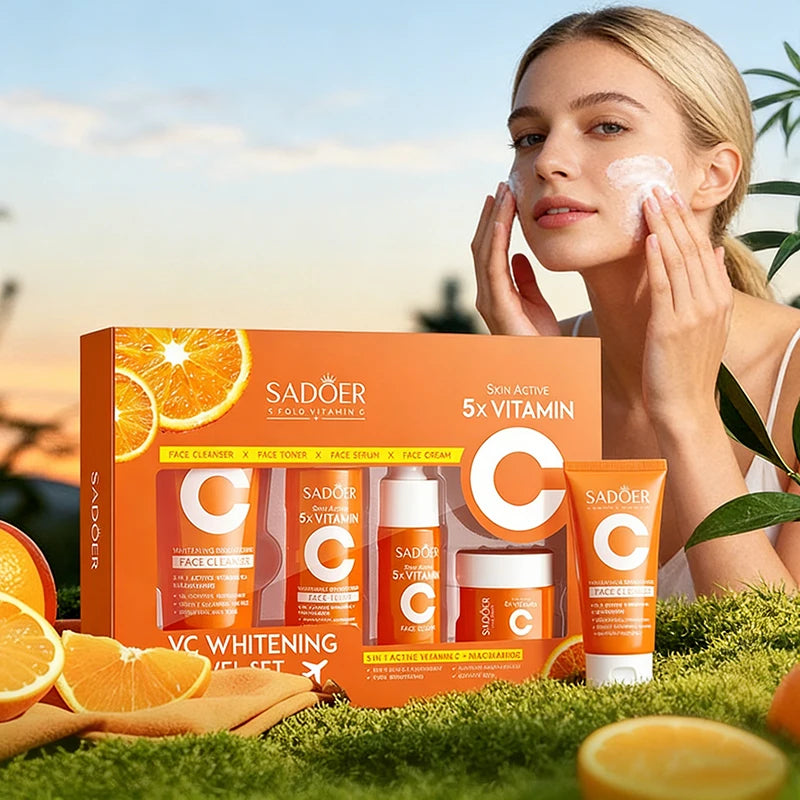 Vitamin C Whitening Skin Care Set 4pcs Facial Cleanser Toner Serum Face Cream Brightening Anti Wrinkle Moisturizing Travel Kit