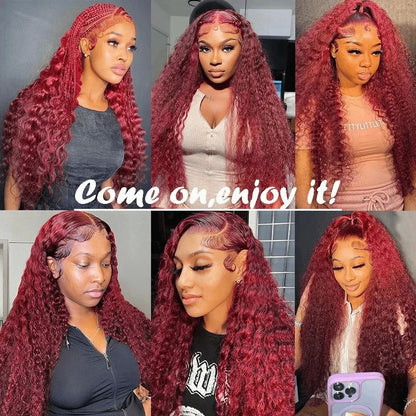 99j Burgundy Curly 13x6 Hd Lace Frontal Human Hair Wig Deep Wave 100% Colored Brazilian Pre Plucked Wigs For Women 250 Density