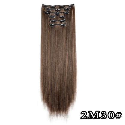 Black Hair Extensions 24"/60cm 6pcs/set Women Long Straight Synthetic Full Head Clip 16 Clips Ombre Heat Resistant Fiber Hair
