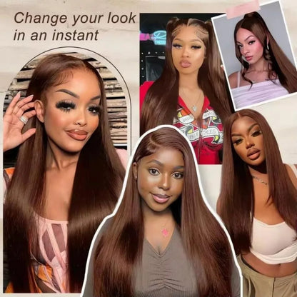 Straight Chocolate Brown Human Hair Wigs Brazilian Original Wigs Pre Plucked Pre Bleached 13X6 Hd Lace Frontal Wigs 250 Density