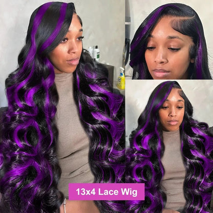 Smilegirl Ombre Purple Highlight Body Wave 13x6 HD Lace Front Wig Human Hair Waves Dark Purple 13x4 Lace Frontal Wigs For Women