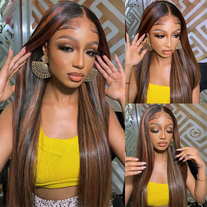 FB 30 Colored Highlight Straight human hair 200 Density Full Frontal 13x4 13x6 HD Transparent Lace Front Remy Human Hair Wigs