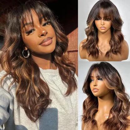 Ombre Chestnut Brown Highlights Curtain Bangs with Layered Cut Wavy Lace Closure Wigs 5x5 Lace Closure Human Hair Wigs For Women