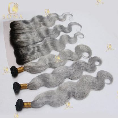 Color Ash Blonde Body Wave Hair Weave Bundle Ombre 1b/Grey 13x4 Frontal Human Hair 4x4 Closure 1 3 4 Bundle Deals For Women