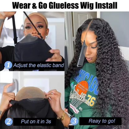 Water Wave Glueless Wig Pre-Cut Lace Wig Pre-Plucked Natural Black Deep Wave Wear & Go Glueless Curly Human Hair Wigs For Women
