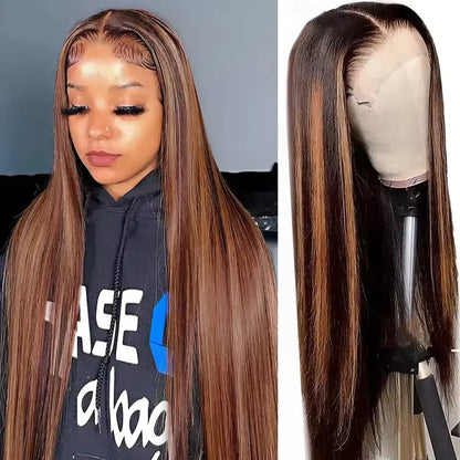 FB 30 Colored Highlight Straight human hair 200 Density Full Frontal 13x4 13x6 HD Transparent Lace Front Remy Human Hair Wigs