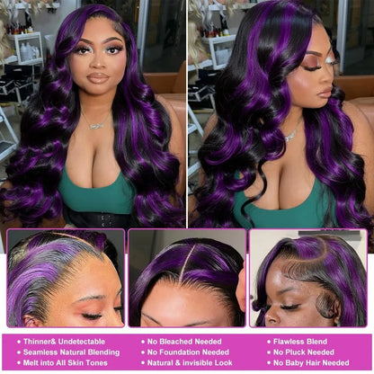 Smilegirl Ombre Purple Highlight Body Wave 13x6 HD Lace Front Wig Human Hair Waves Dark Purple 13x4 Lace Frontal Wigs For Women