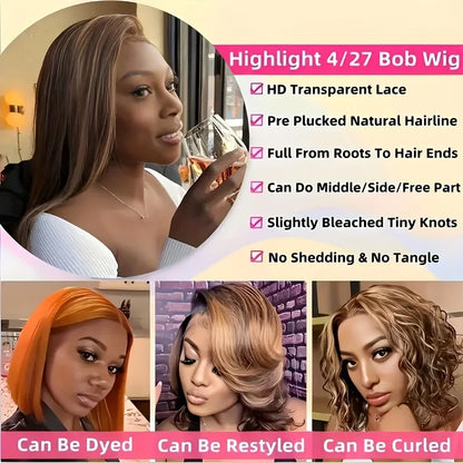 Brown Mix Blonde Highlight With Dark roots Lace Frontal Wig 13X4 Transparent Lace Front P4/27 Brown Ombre Colored Wigs For Women
