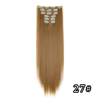 Black Hair Extensions 24"/60cm 6pcs/set Women Long Straight Synthetic Full Head Clip 16 Clips Ombre Heat Resistant Fiber Hair
