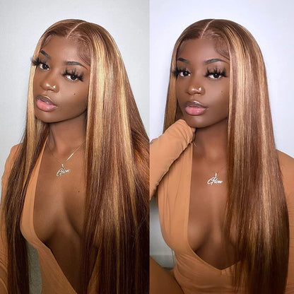 34Inch Bone Straight Highlight Lace Front 13x6 Honey Blonde